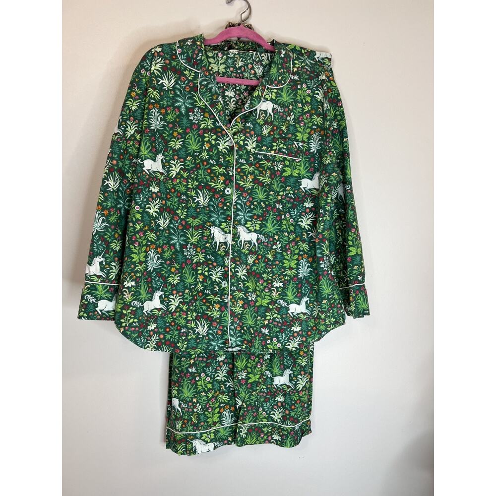 PRINT FRESH 2 Piece Pajama Set Pants Shirt 100% Cotton L Unicorn Garden Pockets